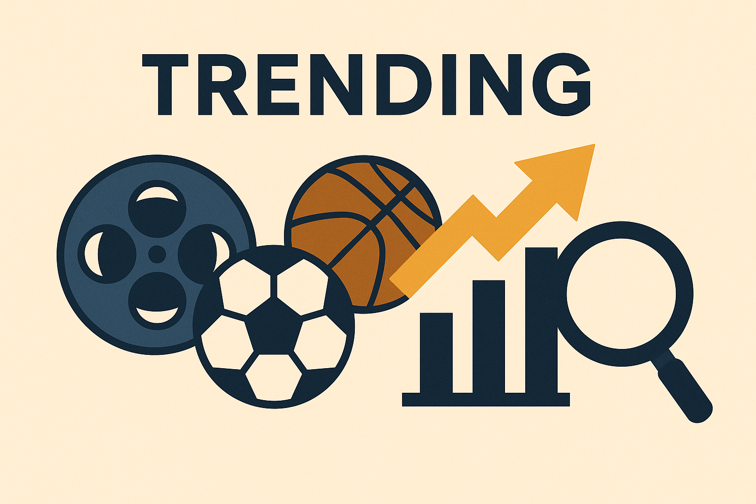 Collage of trending icons including film reel, soccer ball, basketball, upward arrow and search magnifying glass representing trending topics and searches in August 2025